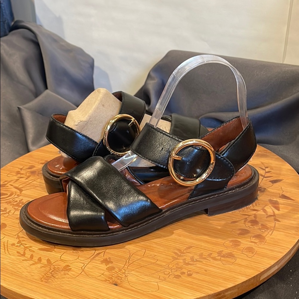 See By Chloe Black Leather Sandals with Gold Buckle